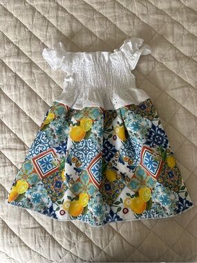 Girls White Smocked Bodice Lemon-Print Cotton Dress